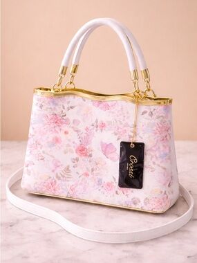 White Floral Purse Satchel Print Gold Hardware Mothers Day Gift Crossi NY NWT
